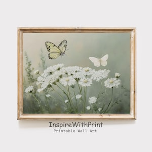 Flower and Butterfly Art Print, White Floral Printable Sage Green Wall Art, Moody Wildflower Print, Cottage Core Flower Botanical Wall Decor