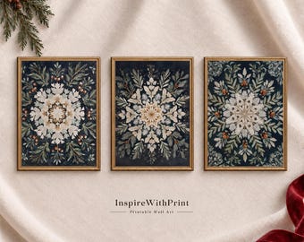 Vintage Christmas Botanical Wall Art Set of 3, Moody Snowflake Floral Prints, Printable Holiday Decor