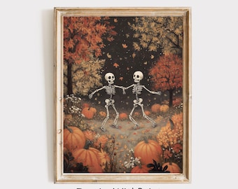 Dancing Skeletons Print, Trendy Halloween Printable Spooky Print, Funny Skeleton Poster, Moody Autumn Landscape Art, Fall Dark Cottagecore