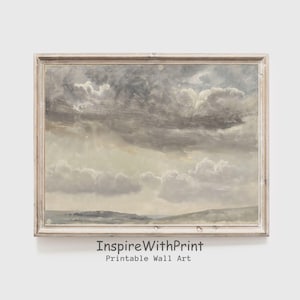 Stämningsfull molnväggkonst, vintagemolnoljemålning, stämningsfull vintagekonst utskrivbar molnig himmelstavla, vintageväggdekor, konst med dämpade neutrala färger
