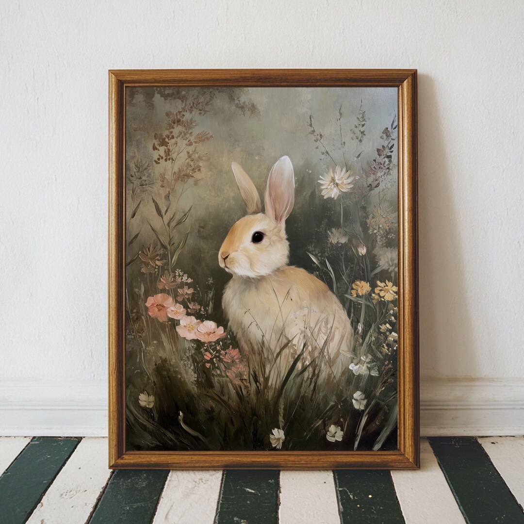 Spring Paintings Rabbit Spring Bunny Wall Art Printable, Vintage Rabbit Meadow Painting ...