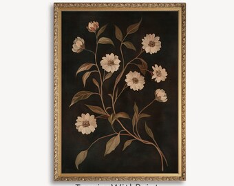 Arte de flores oscuras vintage, impresión botánica oscura, arte de pared imprimible con motivos florales melancólicos, impresión floral oscura, arte de pared con flores rústicas, impresión de flores silvestres
