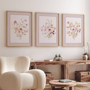 Wildflower Nursery Print Set of 3, Boho Nursery Wall Art, Watercolor Botanical Wall Art Printable, Minimalist Bouquet Pink Flower Print