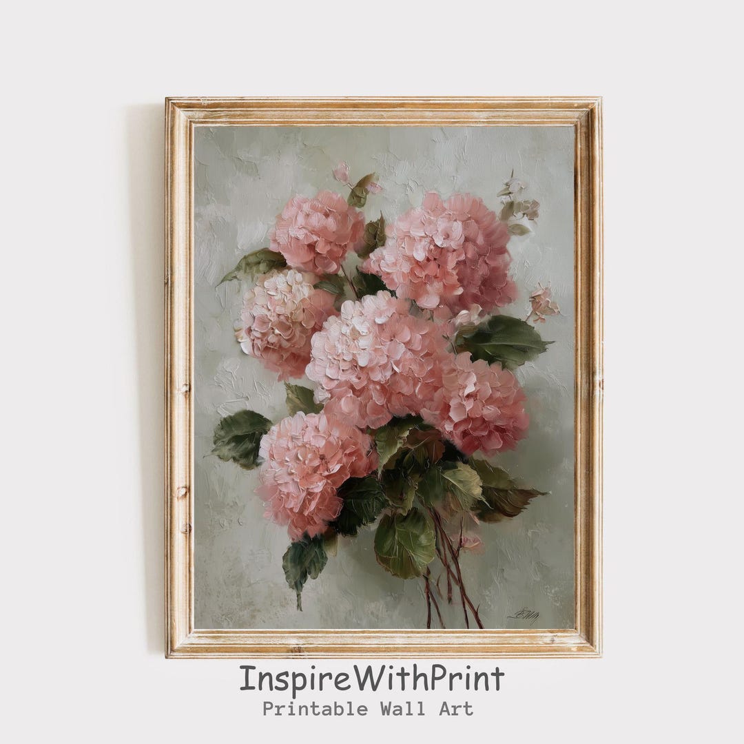 Pink Hydrangea Oil Painting Printable Wall Art, Minimal Pastel Floral ...