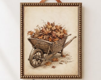 Rustic Wheelbarrow Wall Art, Autumn Leaves Print, Neutral Farmhouse Harvest Decor, Vintage Fall Artwork