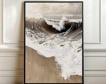 Rustic Coastal Landscape Wall Art, Boho Beach Print, Moody Ocean Wave Print, Neutral Seascape Art Printable, Boho Wall Decor, Waves Painting