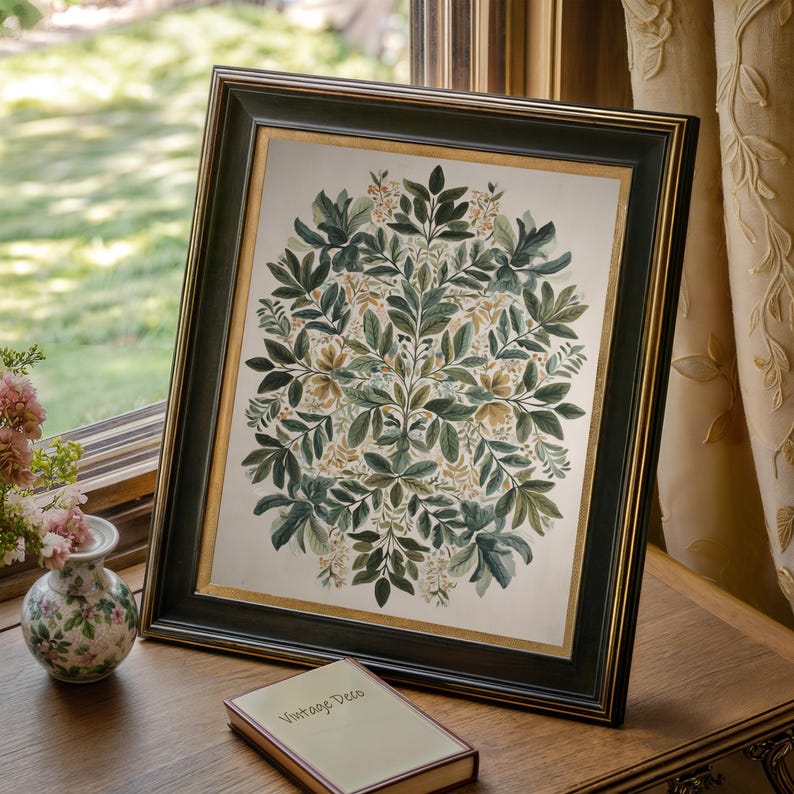 Sage Green Botanical Medallion Wall Art, Vintage Leaf Pattern Print ...