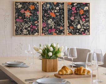 Juego de 3 impresiones de flores silvestres coloridas, impresión floral abstracta ingeniosa, arte mural de paisaje floral con descarga digital, impresión artística botánica estética