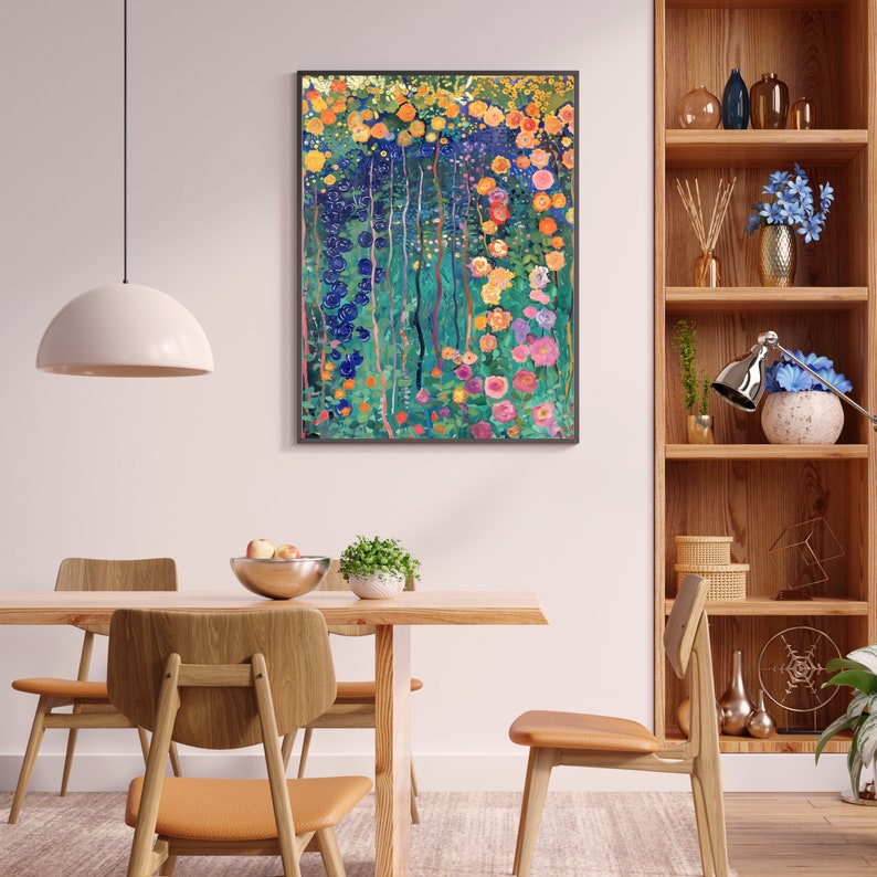 May include: A colorful abstract painting of a garden with flowers in shades of pink, yellow, orange, blue, and green. The painting is framed in black and hangs on a white wall.