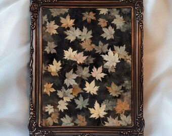 Vintage Fall Leaves Print, Maple Leaf Art Printable Fall Foliage Wall Art, Dark Botanical Rustic Autumn Cottagecore Art Fall Farmhouse Print