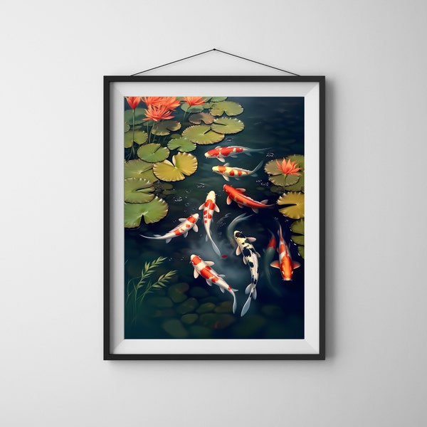 Koi Fishes in the Pond Painting, Digital Download Koi Fish Print Wall Art for Living Room Decor, Yoga Wall Art, Calming Wall Art Decor