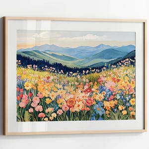 Mountain Wildflower Landscape Painting, Colorful Flower Field Art Print, Mountain Landscape Wall Art Printable Spring Flower Meadow Print