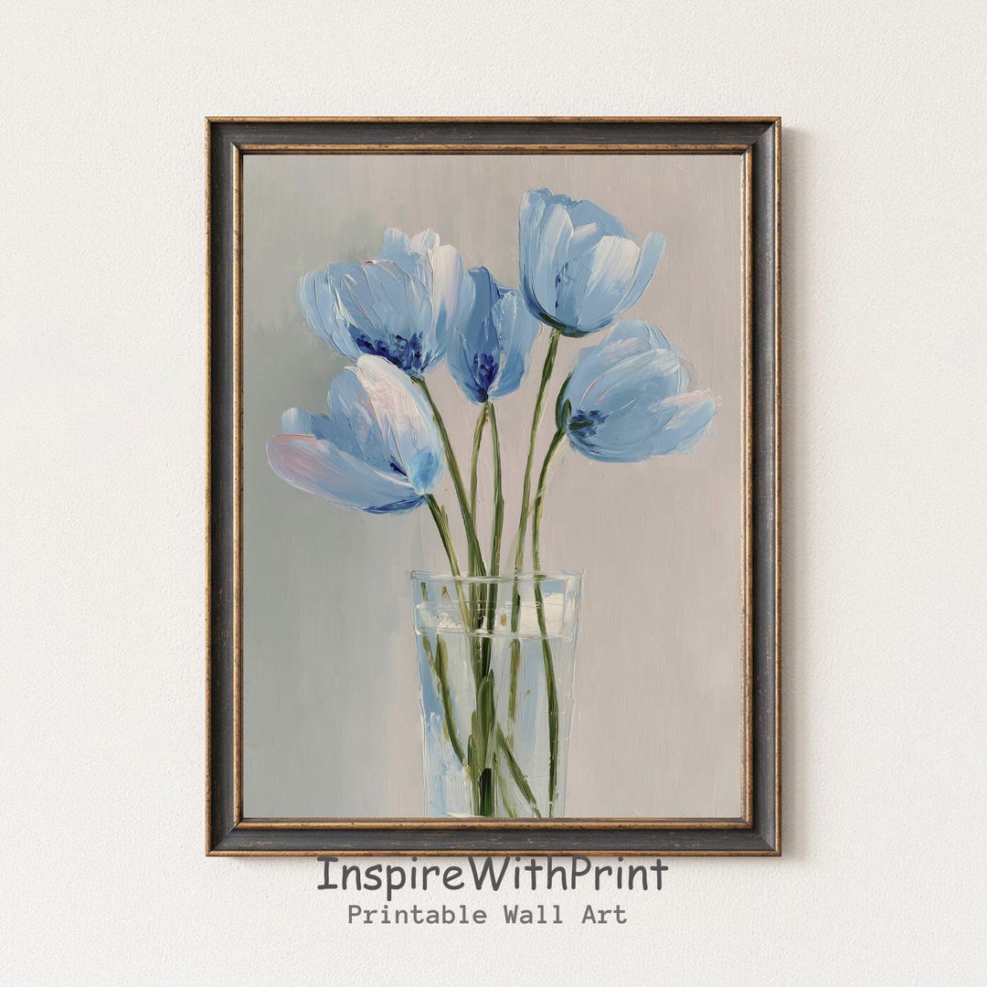 Blue Tulip Oil Painting Printable Wall Art, Soft Pastel Floral Decor ...
