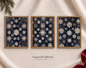 Vintage Snowflake Wall Art Set of 3, Navy Christmas Printable Decor, Winter Gallery Wall Prints