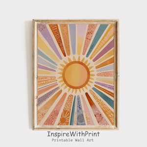 Boho Sun Print, Colorful Boho Sun Wall Art Printable Abstract Sunrise Print, Midcentury Modern Art, Playroom Poster, Boho Nursery Wall Art