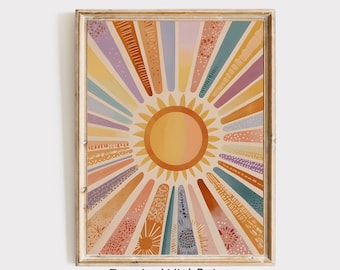 Boho Sun Print, Colorful Boho Sun Wall Art Printable Abstract Sunrise Print, Midcentury Modern Art, Playroom Poster, Boho Nursery Wall Art