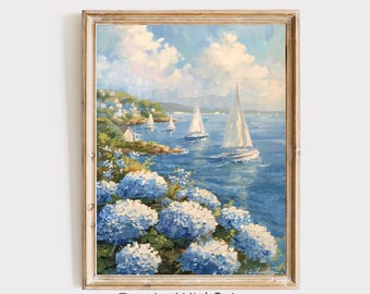 ナンタケット沿岸の帆船の絵画、アジサイと海のウォールアートプリント、航海をテーマにしたビーチハウスの装飾、青い海辺の風景のギフト