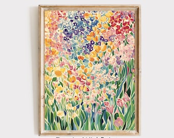 Kleurrijke bloementuin landschapsschilderkunst, zomer lente bloemen afdrukbare muurkunst, abstracte botanische tuinkunst, pastel wilde bloemenprint