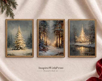 Vintage Christmas Wall Art Set of 3, Snowy Forest Prints, Winter Woodland Decor, Rustic Holiday Gallery Wall