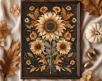 Op de afbeelding: Een rechthoekig ingelijst kunstwerk aan de muur met een symmetrische illustratie van zonnebloemen en gebladerte in goud-, bruin- en crèmetinten tegen een donkere achtergrond, geplaatst in een donkerbruine houten lijst met een strakke rand.