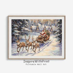 Santa Claus with Sleigh Print, Vinatge Christmas Painting, Christmas Festive Season Home Decor, Holiday Wall Art Printable Santa Sleigh Art
