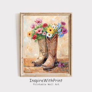 Cowgirl Boot with Flowers Painting, Digital Download Retro Western Print, Artful Floral Cowgirl Boots Trendy Printable, Dorm Room Art Decor