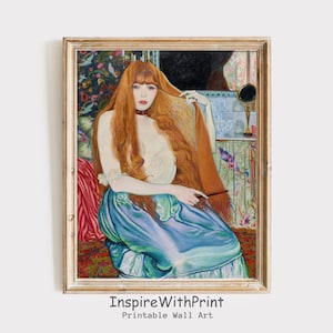 髪をブラッシングする女性の絵画、デジタルダウンロード女性の肖像画アート、ガーリーな部屋のアート装飾、ブロンドの髪の女性の肖像画プリント、フェミニストの壁アート