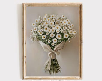 Chamomile Flower Oil Painting, Vintage Floral Wall Art Printable Chamomile Print, Neutral Botanical Wall Decor Cottage Core Neutral Wall Art