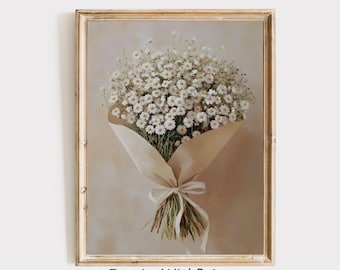 Chamomile Flower Oil Painting, Vintage Floral Wall Art Printable Chamomile Print, Neutral Botanical Wall Decor Cottage Core Neutral Wall Art