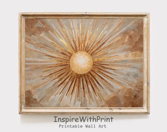 Impresión de sol bohemio, arte de sol horizontal imprimible, impresión abstracta de amanecer, arte moderno de mediados de siglo en color dorado, póster de sol, arte de pared bohemio con impresión melancólica