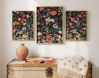 Juego de 3 impresiones de flores silvestres coloridas, impresión floral abstracta ingeniosa, arte mural de paisaje floral con descarga digital, impresión artística botánica estética