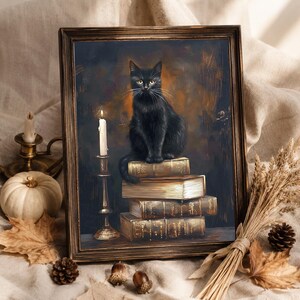 Väggkonst med svart kattbok, Halloween-tryck med mörka akademier, gotisk biblioteksdekor, utskrivbart konstverk med häxor, kuslig vintage-affisch