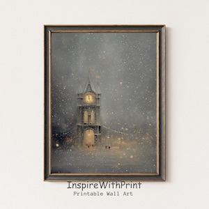 May include: A framed print depicting a clock tower in a snowy landscape. The tower features a clock face and is illuminated by warm lights. The artwork is in a dark frame and has the text "InspireWithPrint Printable Wall Art".