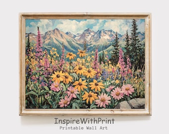 Berg Wildblumen Landschaft, bunte Blumenfeld Druck, Pastell Blumenwiese Frühling Wand Kunst druckbare Land Bauernhaus Druck