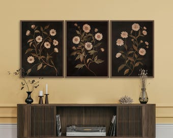 Juego de 3 impresiones de flores oscuras vintage, impresión botánica oscura, arte de pared imprimible con motivos florales melancólicos, impresión artística con motivos florales oscuros, impresión rústica de flores silvestres