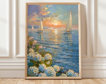 夕日の帆船の絵画、アジサイの海岸と海のウォールアート装飾、ビーチハウスのリビングルーム用の海辺の航海風景プリント