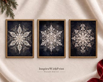 Vintage Snowflake Wall Art Set of 3, Dark Winter Christmas Printable Decor, Neutral Holiday Gallery Wall