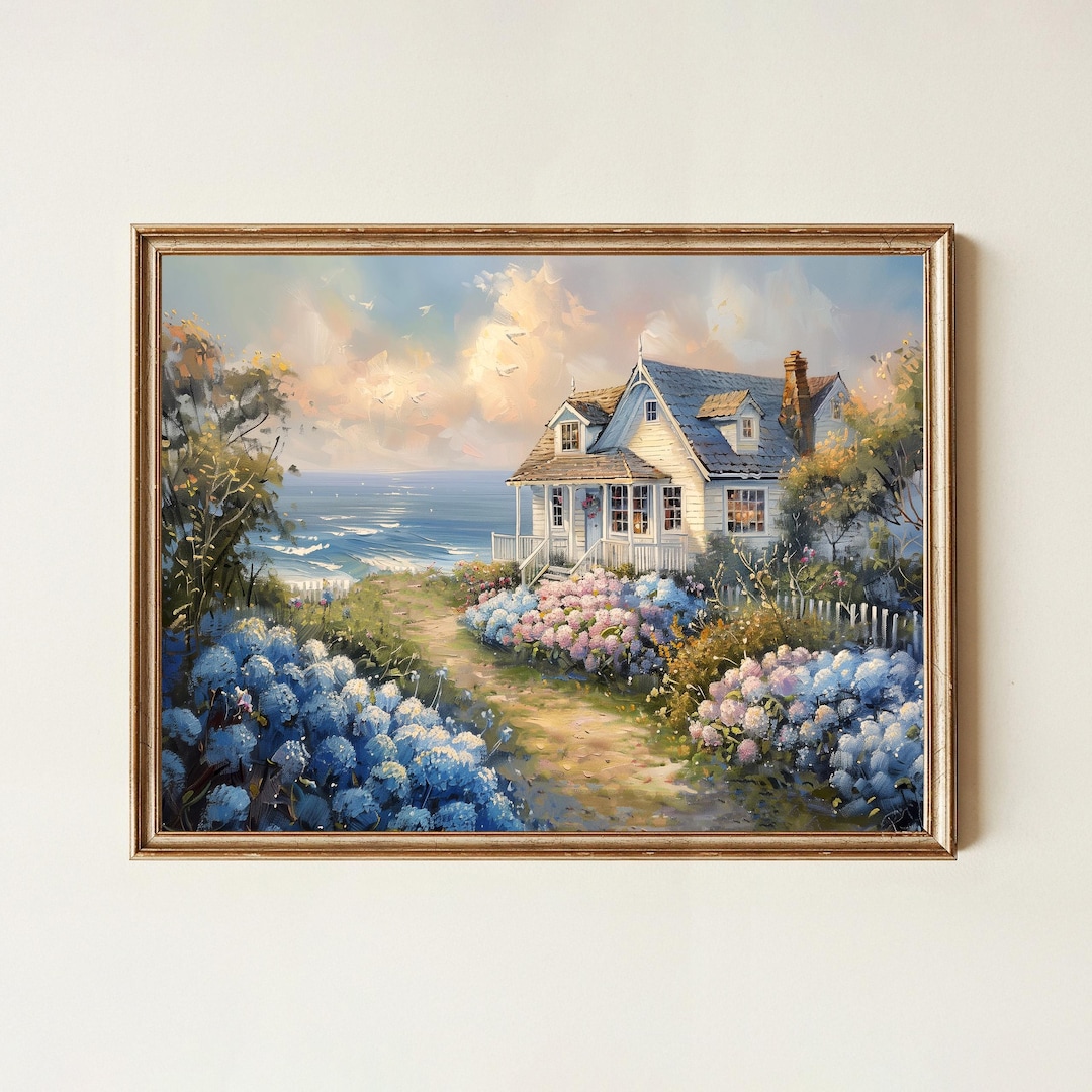 Coastal Cottage Hydrangea Wall Art, Beach House Landscape Painting ...