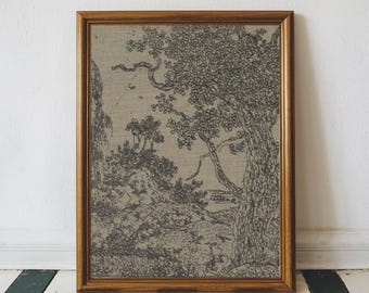 Vintage Ink Sketch Print, Antique Textile Wall Art, Woodland  Landscape Drawing, Neutral Art Printable Farmhouse Wall Decor, Moody Wall Art