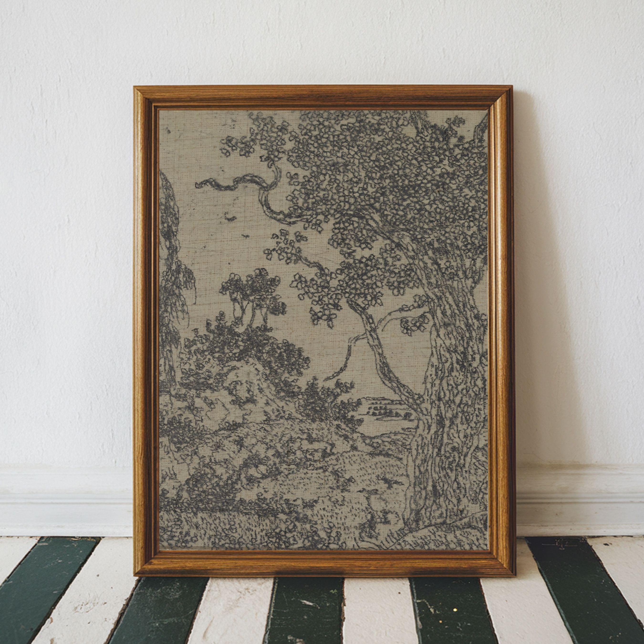Vintage Ink Sketch Print, Antique Textile Wall Art, Woodland