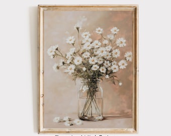 Chamomile Flower Oil Painting, Vintage Flower Vase Art Printable Chamomile Print, Neutral Botanical Wall Decor Cottage Core Neutral Wall Art