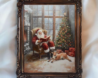 Vintage Santa Reading Book and Reindeer Print, Christmas Printable Cozy Winter Holiday Art, Christmas Bookish Print, Santa Claus Painting
