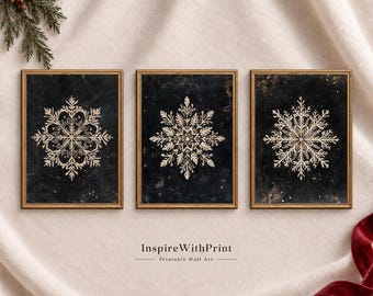 Vintage Snowflake Wall Art Set of 3, Dark Winter Christmas Printable Prints, Rustic Nordic Holiday Decor