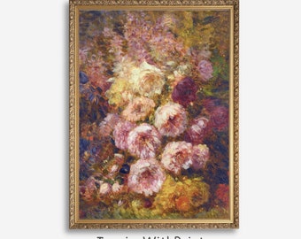 May include: A framed painting of a bouquet of pink, white, and purple flowers. The flowers are arranged in a vase and are surrounded by green leaves. The painting is set against a dark background.
