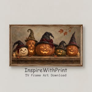 May include: A framed digital art print featuring four carved jack-o'-lanterns wearing pointed witch hats, arranged on a wooden surface with two lit candles. The pumpkins have glowing faces and are decorated with ribbons. Text reads: InspireWithPrint TV Frame Art Download.