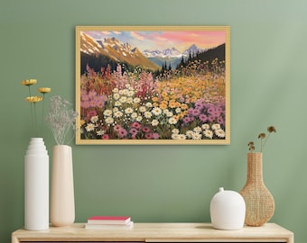 山の野生の花の風景アート 印刷可能 春 夏 壁飾り カラフルな花の草原