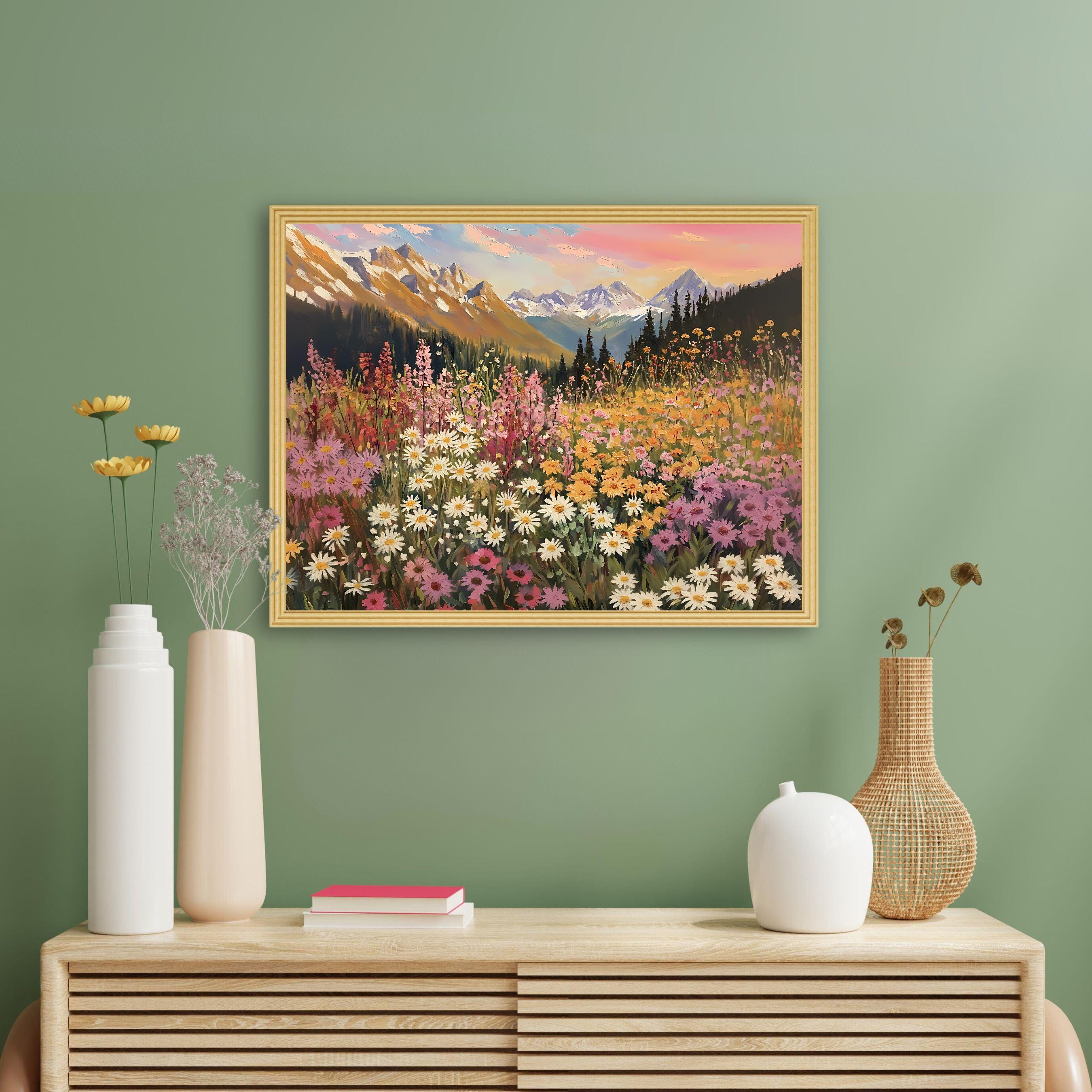 山の野生の花の風景アート 印刷可能 春 夏 壁飾り カラフルな花の草原