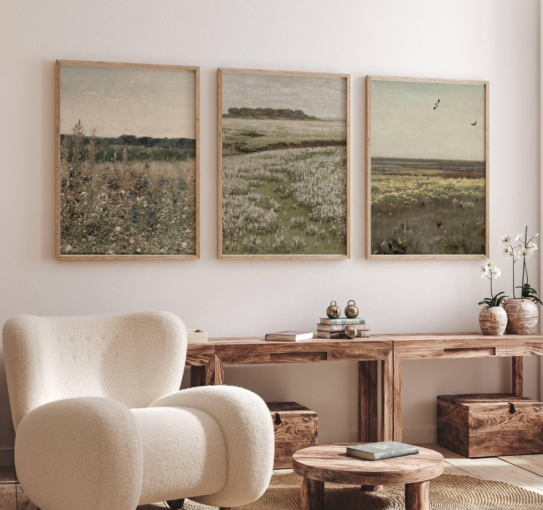 Wildflower Field Landscape Oil Painting Set of 3, Vintage Flower ...