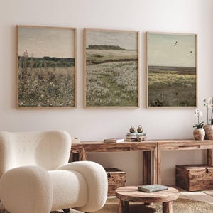 Wildflower Field Landscape Oil Painting Set of 3, Vintage Flower Landscape Wall Art Printable, Rustic Country Field Flower Meadow Print