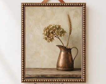Vintage Copper Pitcher Hydrangea Wall Art, Neutral Cottagecore Floral Print, Farmhouse Botanical Decor, Rustic Autumn Artwork